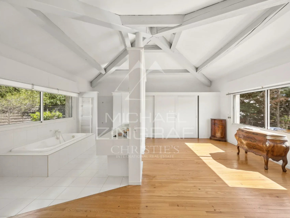 Interior of a villa in Antibes with cathedral ceiling and natural light