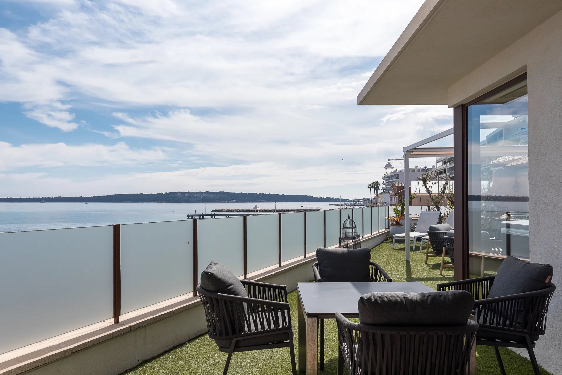 Terrace with sea view in Cannes Terrace with sea view in Cannes, Palm Beach district, modern outdoor furniture.