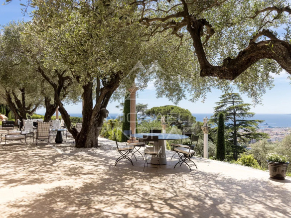 Terrasse avec vue sur la baie de Cannes, entourée d'oliviers et de jardins paysagers.
