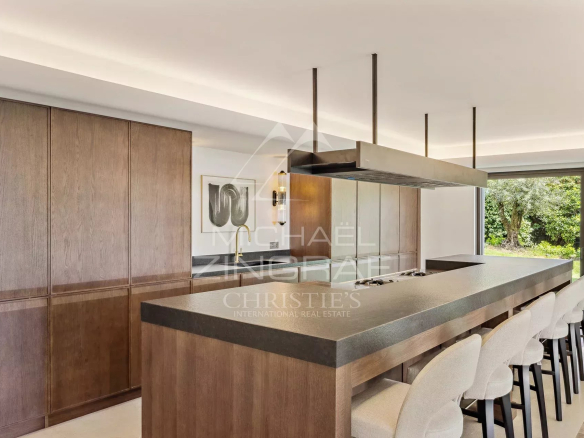 Cuisine moderne et élégante d'une villa à Cannes, avec un grand îlot central et des meubles en bois.
