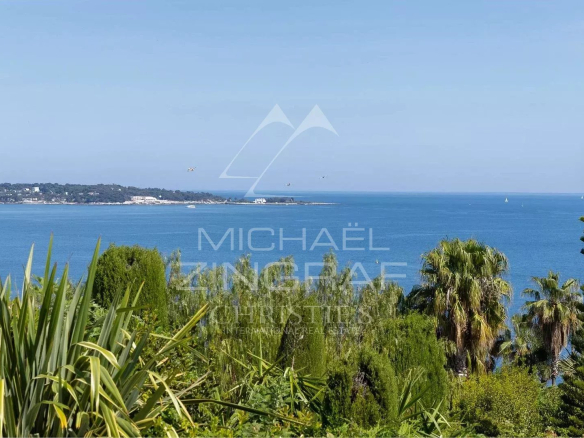 Panoramic sea view from a villa in Cannes Eden, with plants in the foreground.