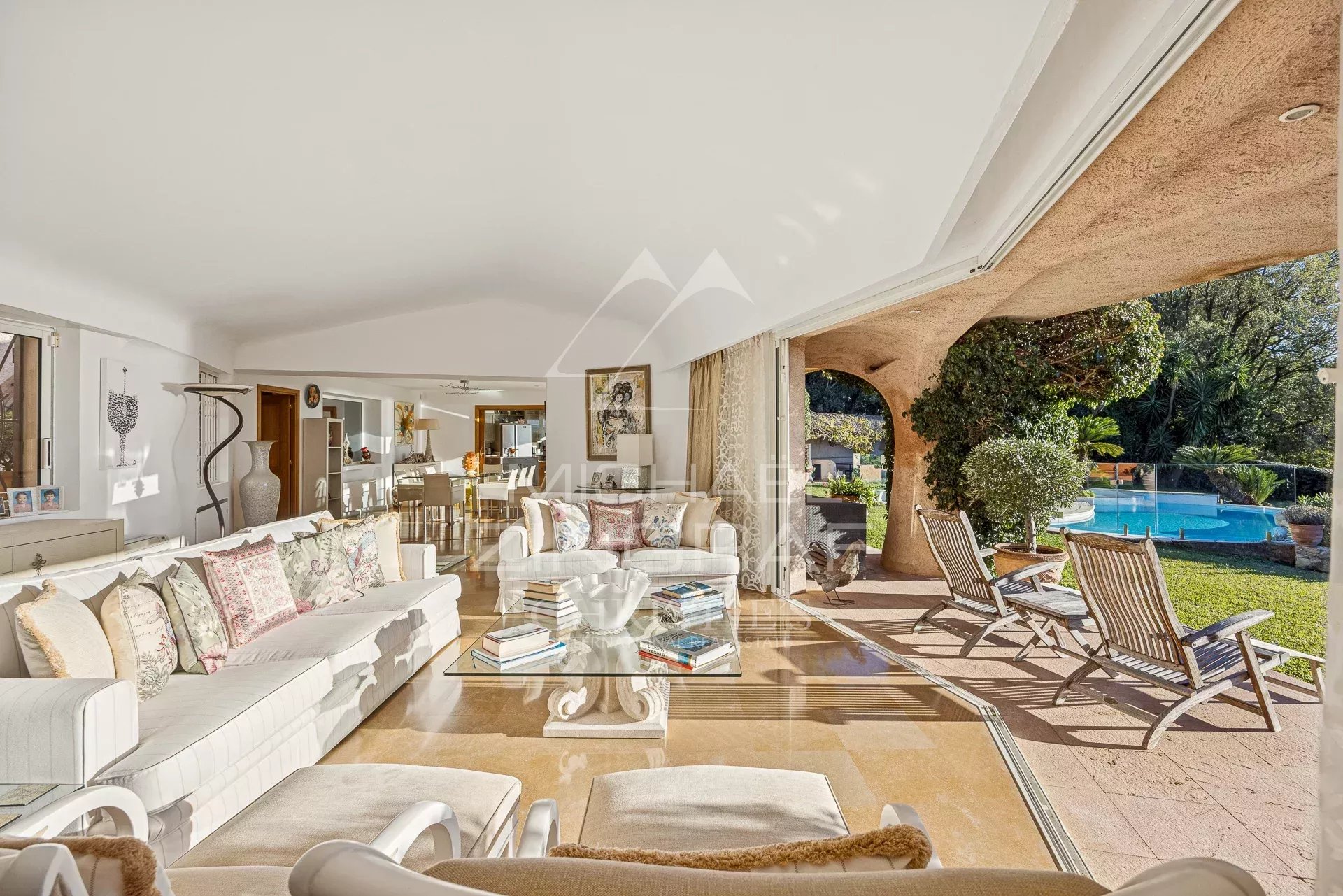 Interior of a Couëlle style villa with sea and garden views, Cannes.