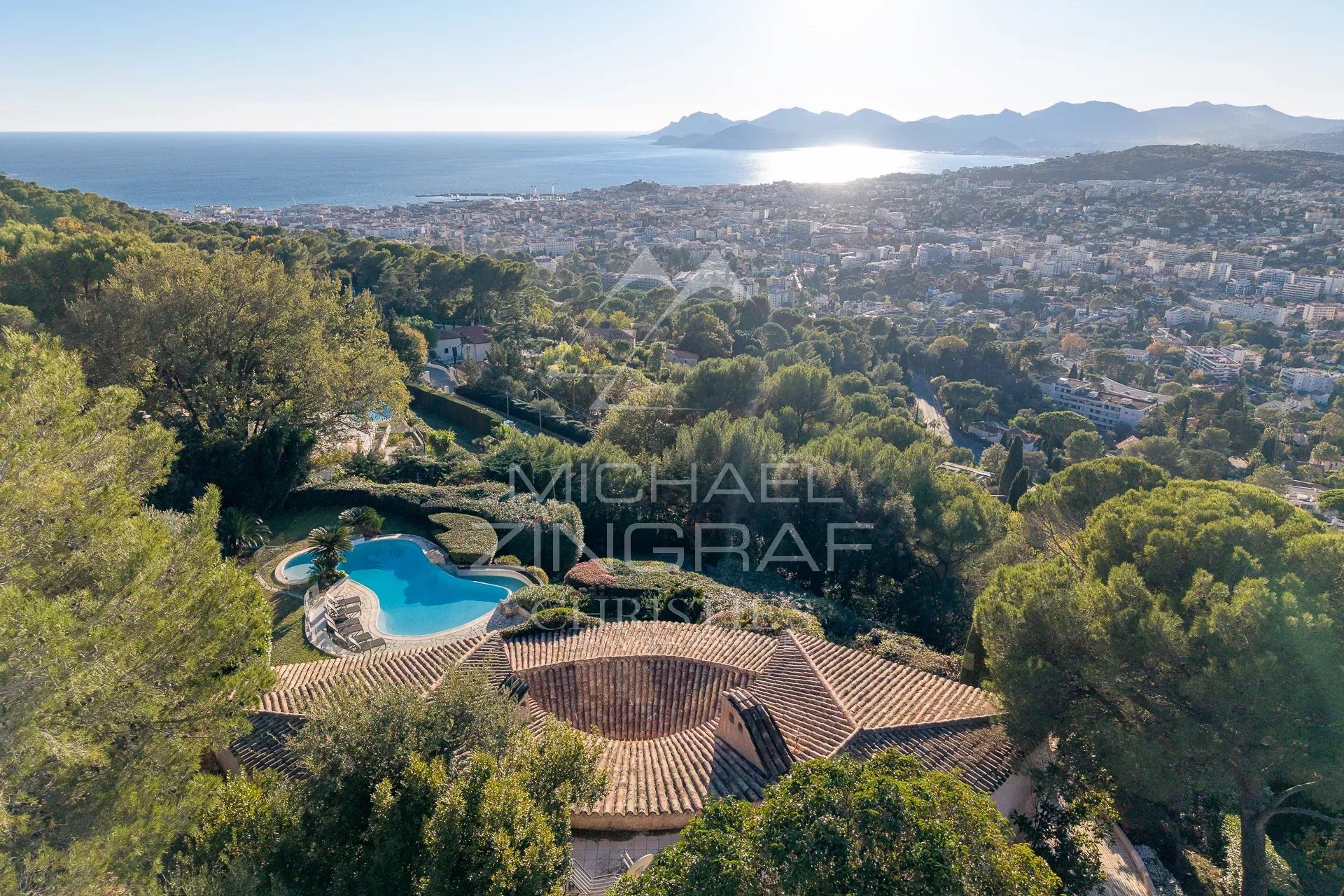 Panoramic view of the sea and the Estérel mountains from a villa in the hills above Cannes.