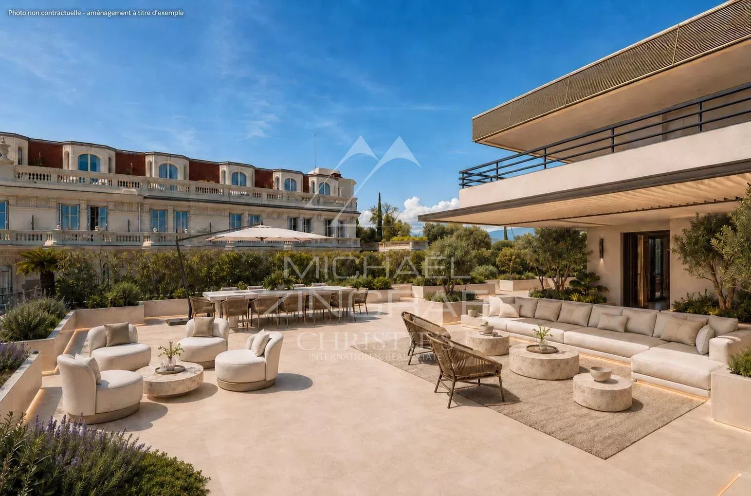 Spacious terrace of an apartment in Cannes with sea view.