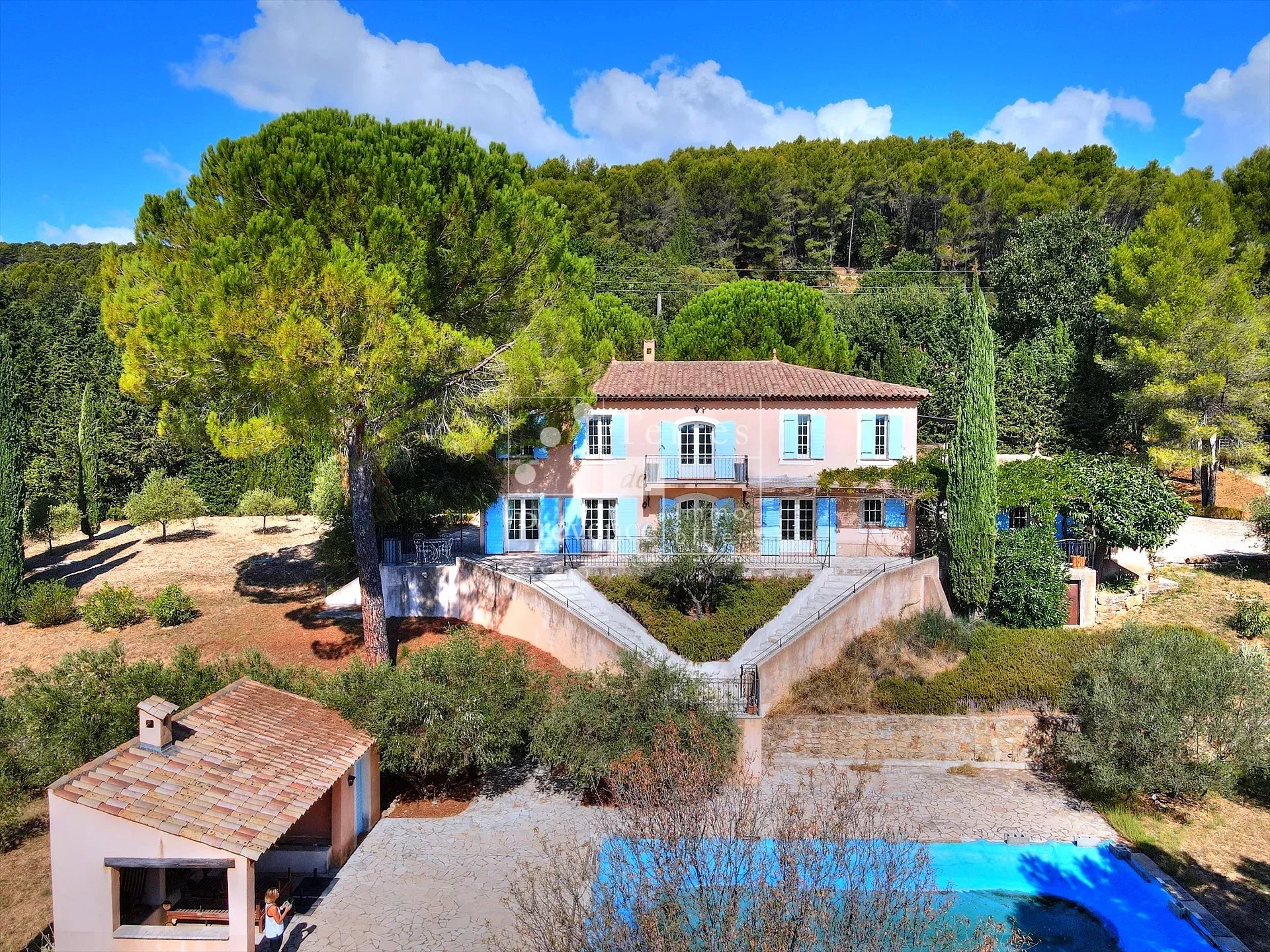 Provençal country house in Lorgues Provençal country house with swimming pool and garden in Lorgues, aerial view.