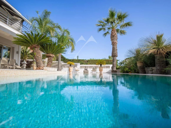 Piscine d'une villa avec palmiers et terrasses à Nice, vue dégagée sur la mer.