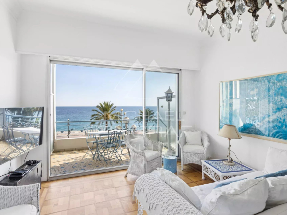 Bright living room of an apartment with a view of the Mediterranean Sea, Promenade des Anglais, Nice.