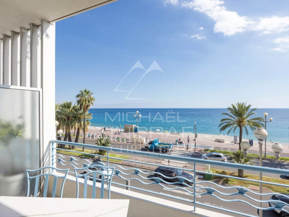 Balcony of an apartment with a view of the sea and the Promenade des Anglais in Nice.