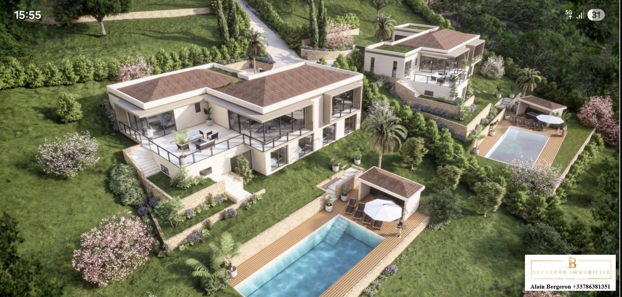 Projets de villas modernes à Mougins Vue aérienne de deux terrains avec projet de villas modernes à Mougins, incluant piscines et jardins.