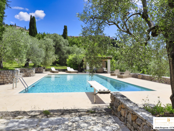 Piscine entourée d'oliviers dans une bastide provençale à Cabris.