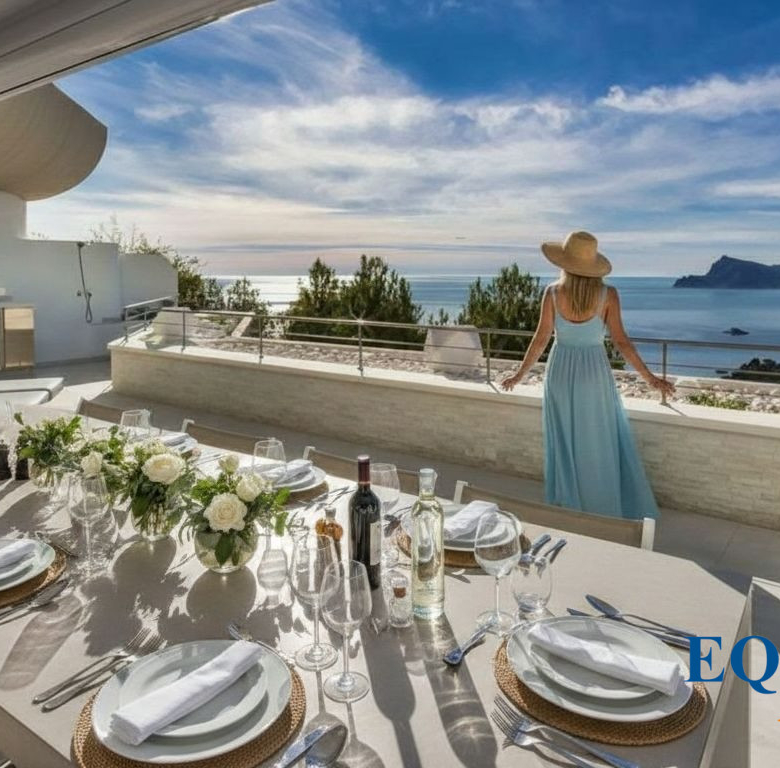 Terrace dining setup with a long table, plates, glassware, and a floral centerpiece; a woman in a blue dress and sunhat gazes at the sea.
