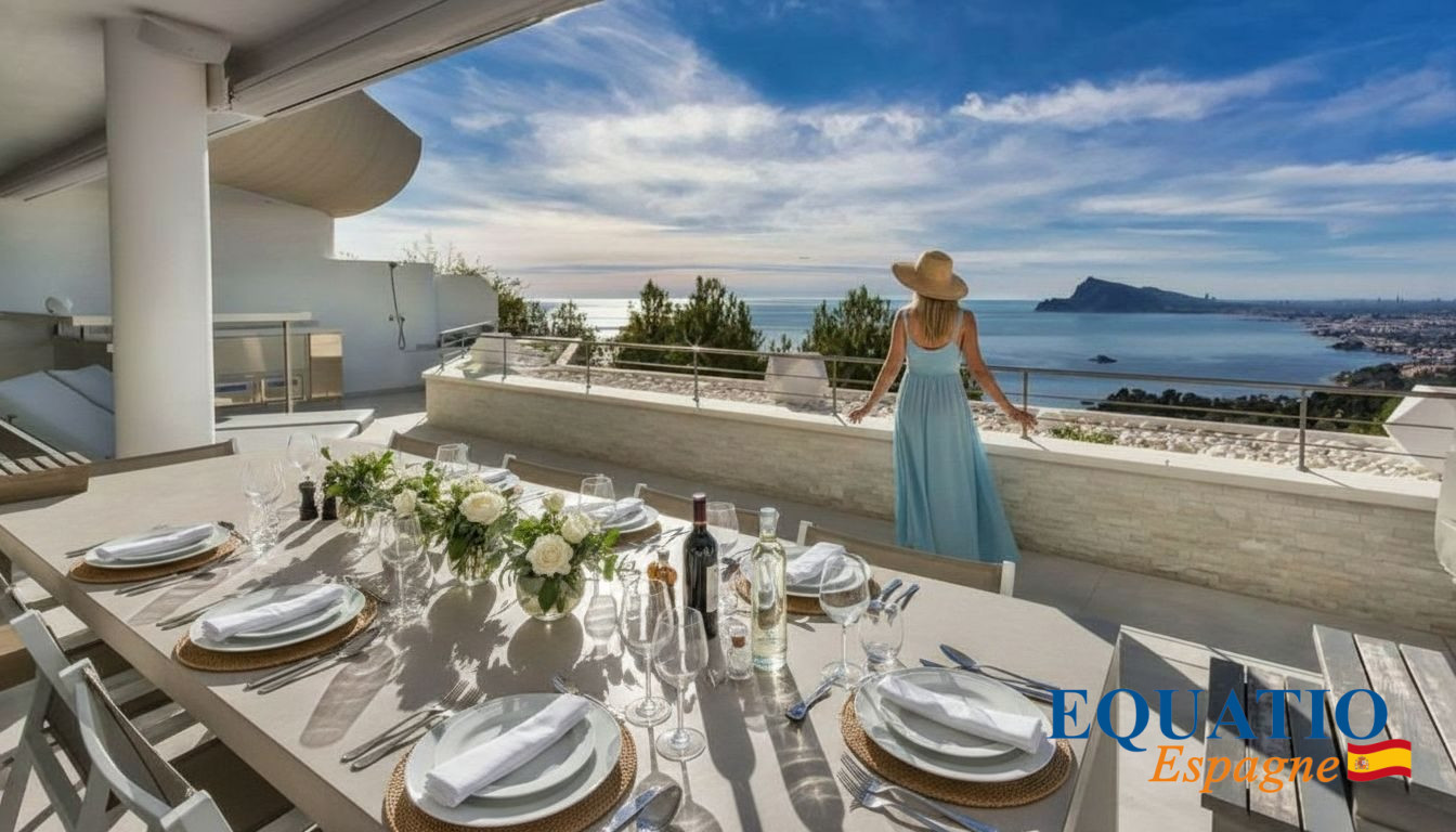 Terrace dining setup with a long table, plates, glassware, and a floral centerpiece; a woman in a blue dress and sunhat gazes at the sea.