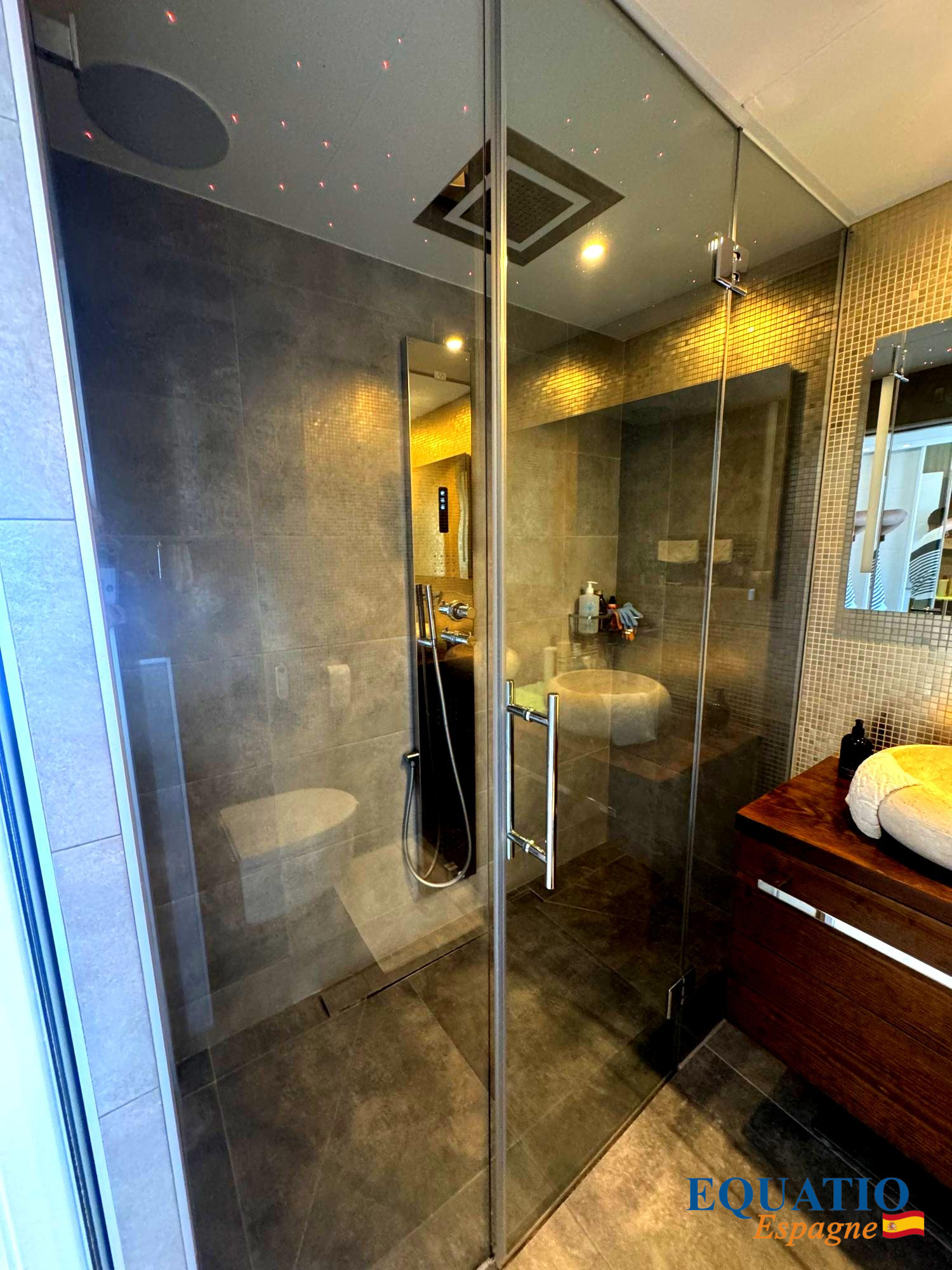 Glass-walled walk-in shower with gray tile, chrome door handle, and a handheld shower fixture; reflection of a sink and mirror in the back wall.