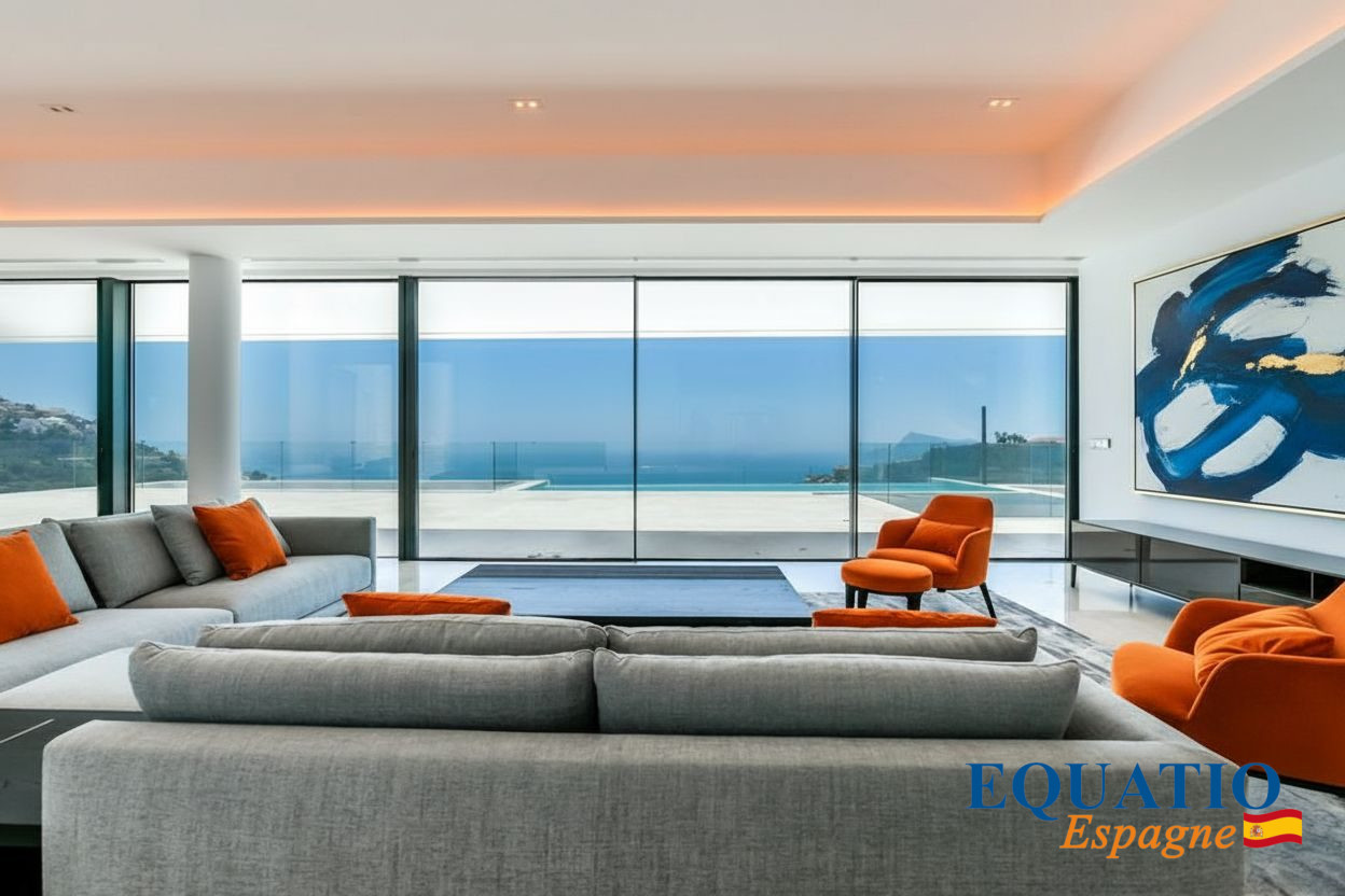 Villa moderne à Altea avec vue sur la mer Intérieur moderne d'une villa à Altea avec vue sur la mer, salon spacieux et baies vitrées.