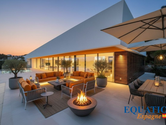Villa moderne avec vue sur la mer à Altea, Espagne, terrasse et espace de vie extérieur.