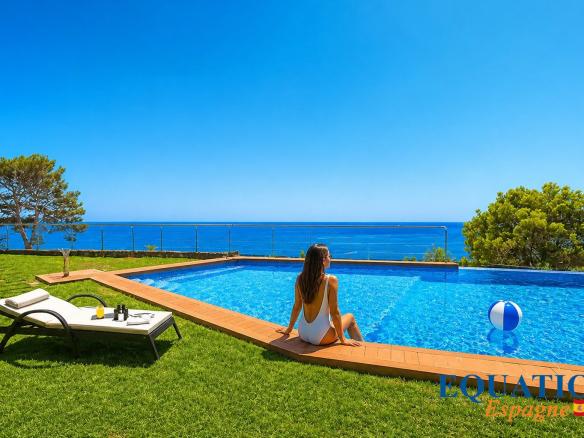 Femme assise au bord d'une piscine avec vue sur la mer à Altea, Espagne.