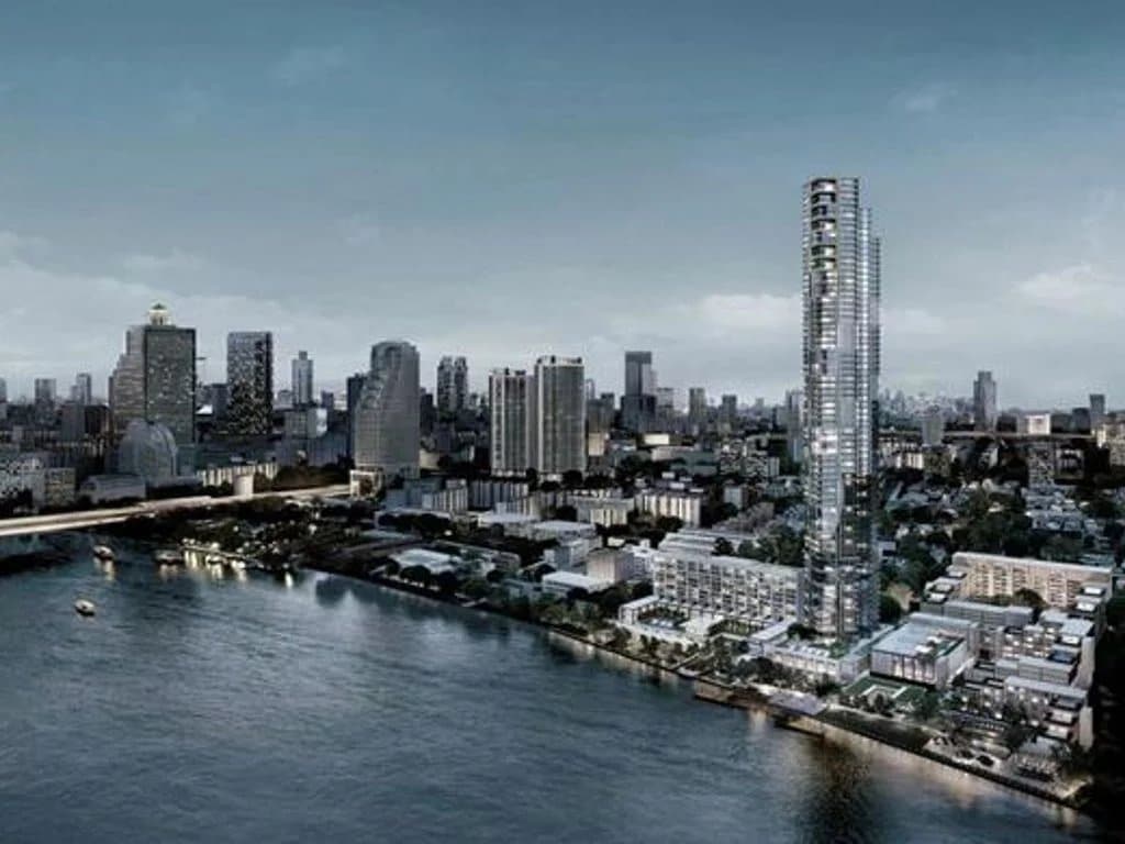 View of a luxury 4-bedroom apartment in Bangkok, with skyline and river in the background.