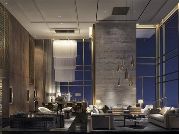 Interior of a luxury apartment with a spacious living room and modern lighting in Bangkok.