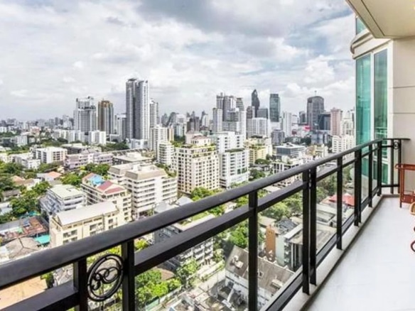 Panoramic view of Bangkok city from a luxury apartment balcony.