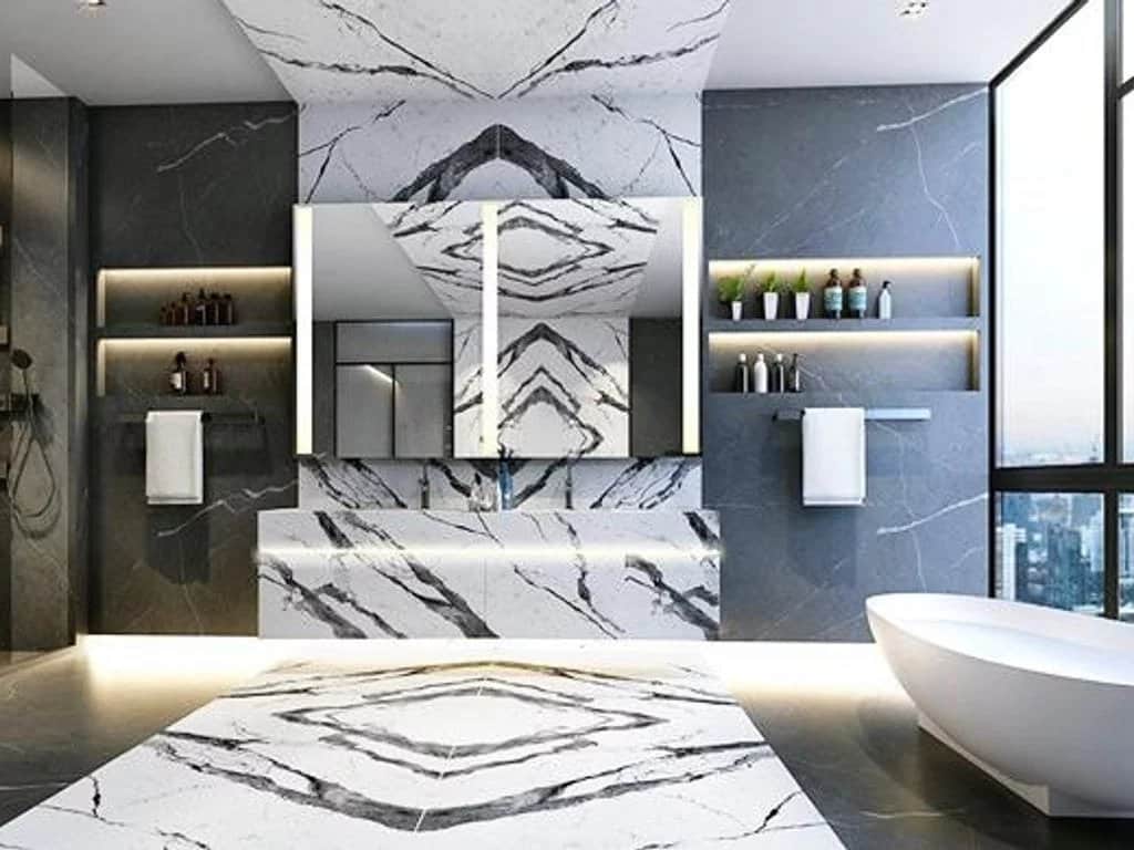 Modern bathroom with marble and large window offering a view of the city.