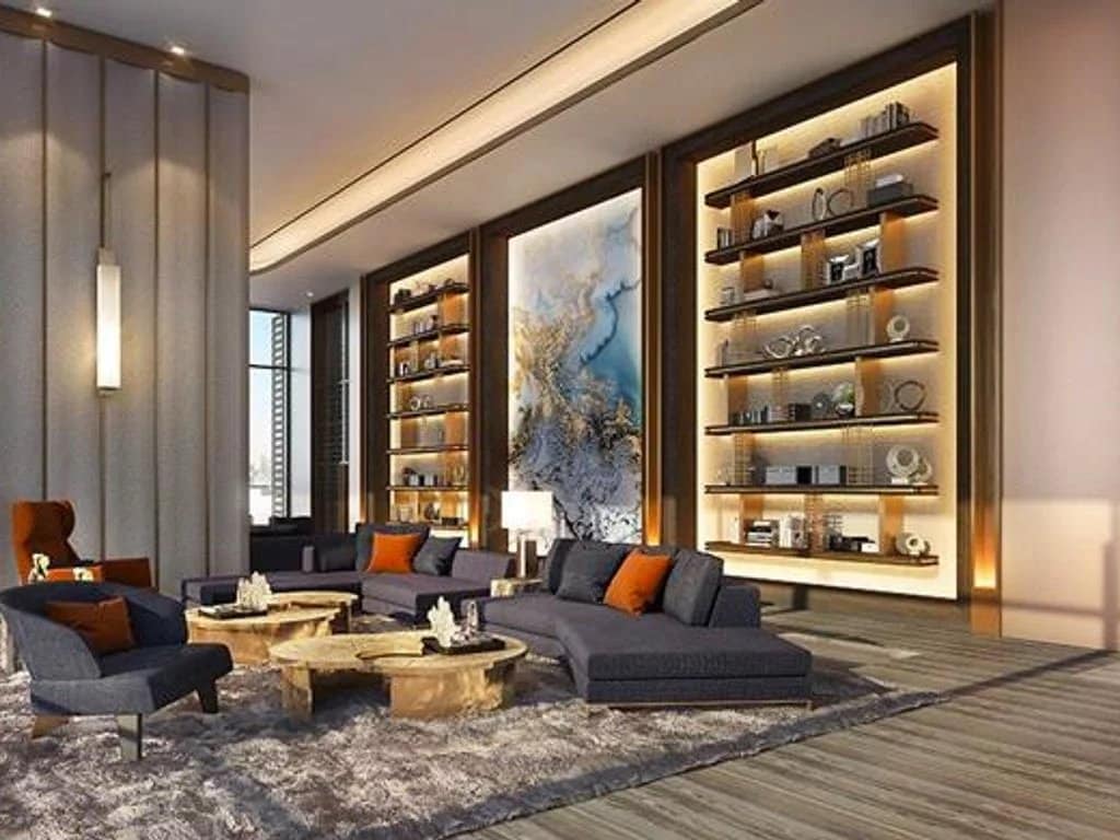 Interior of a modern apartment in Bangkok with a spacious living room and elegant decor.
