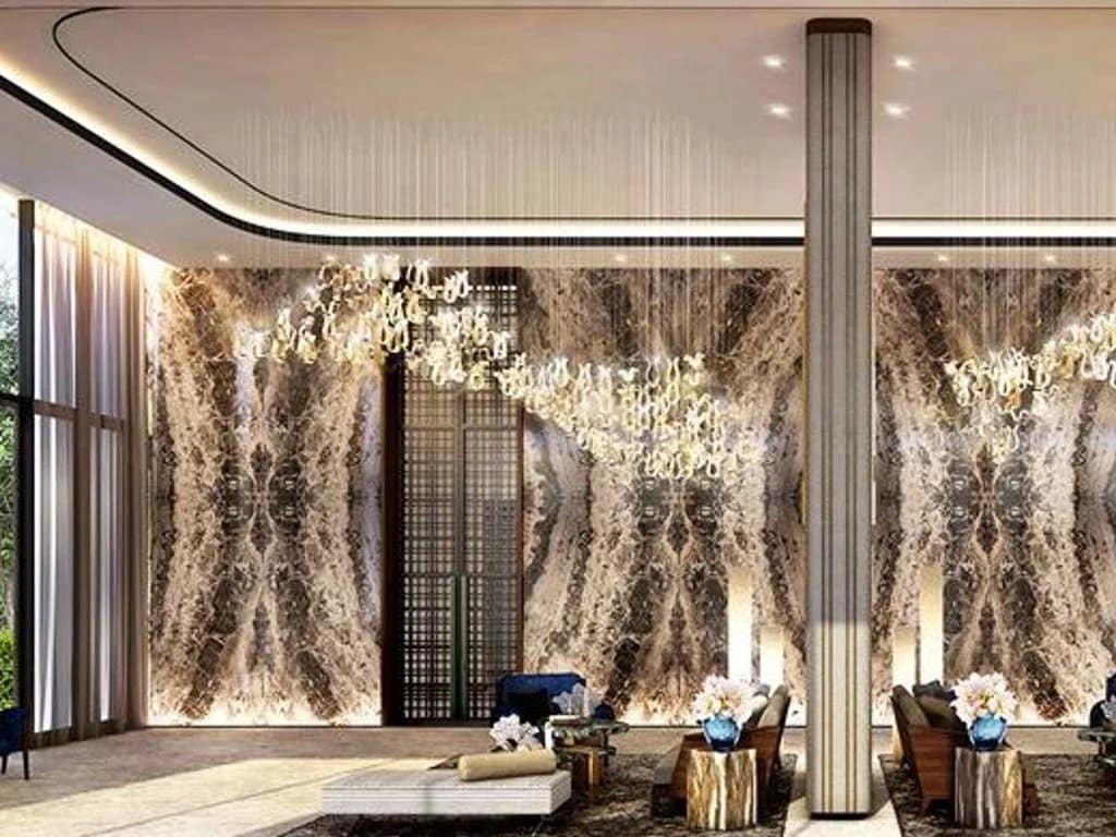 Interior of a luxury apartment in Bangkok with a large living room and modern decorative elements.