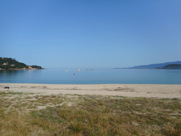 Plage calme avec vue sur la mer à Calcatoggio, ciel dégagé et bateaux au loin.