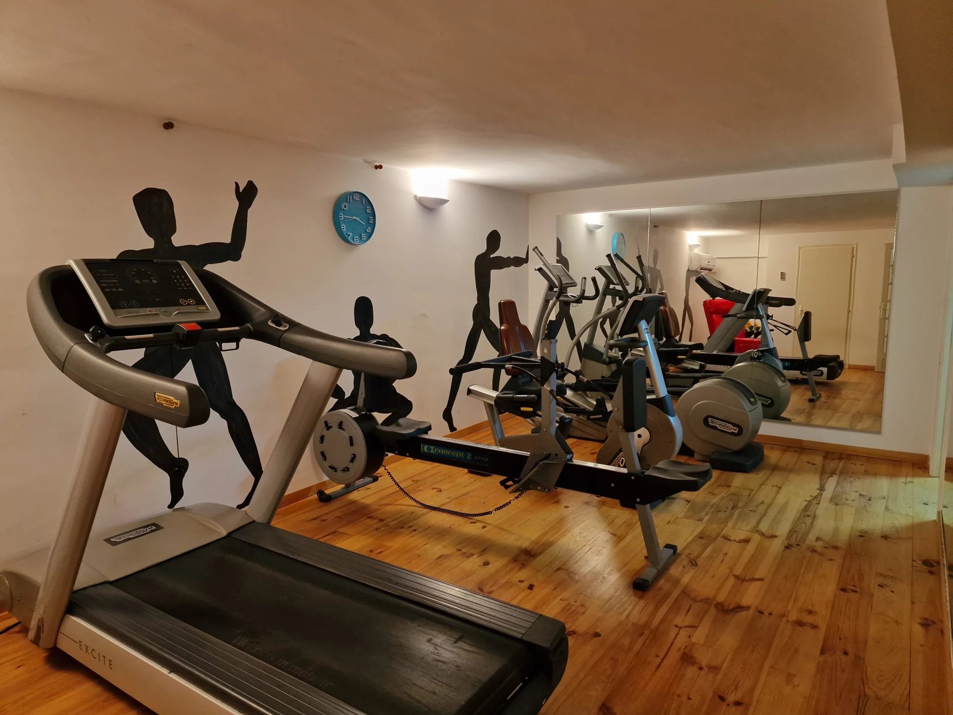 Salle de sport équipée Salle de sport avec équipements de fitness et miroirs, murs décorés de silhouettes de sportifs.