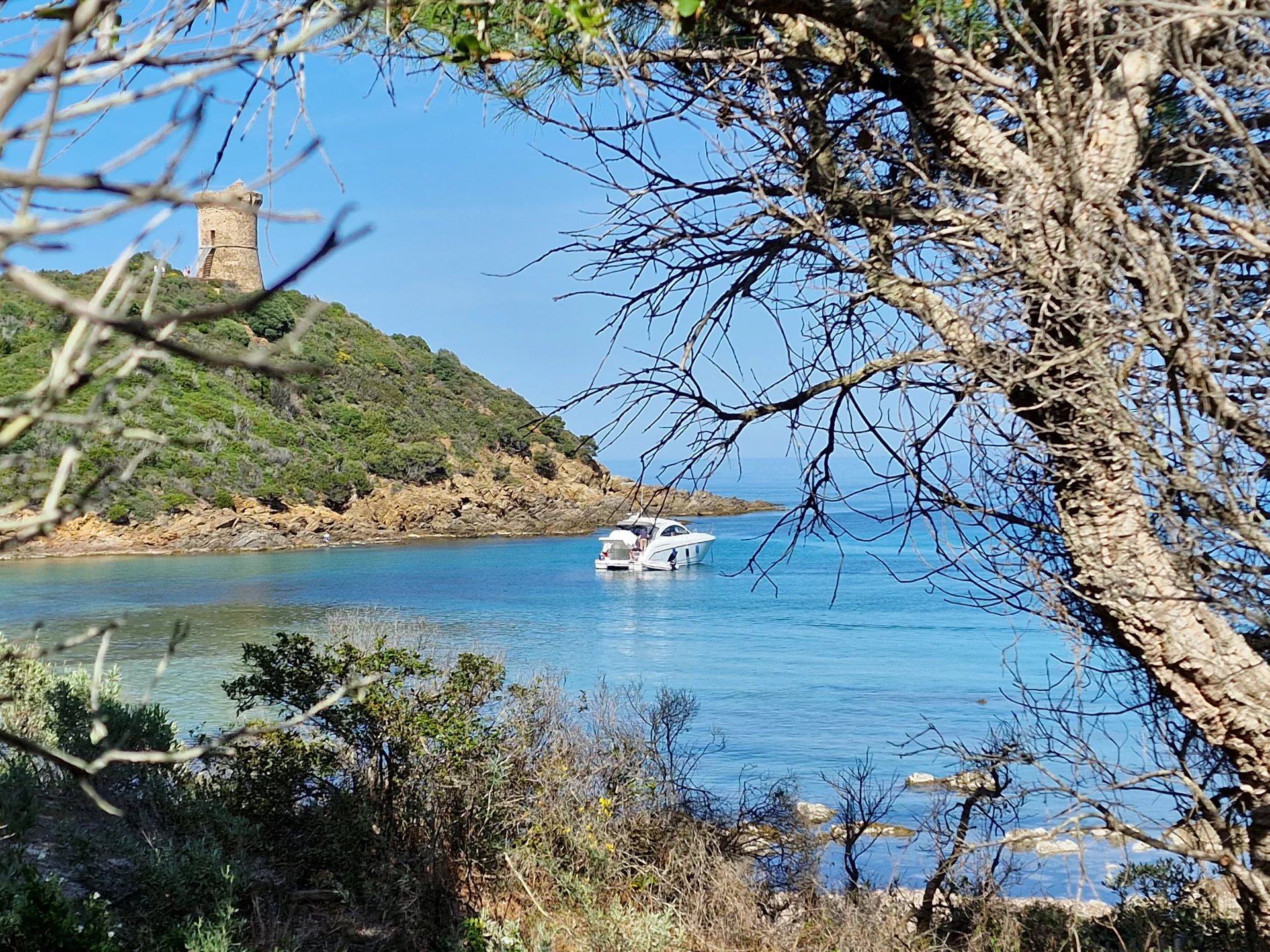Embarcation dans une baie Vue d'une embarcation dans une baie avec une tour en arrière-plan, entourée de végétation.