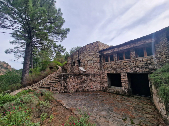Bastide en pierre entourée de verdure à Solenzara, avec un chemin et des escaliers en pierre.