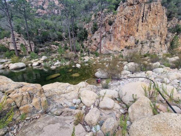 Vue d'un bassin naturel entouré de rochers et de végétation, probablement dans le domaine de Bavella.