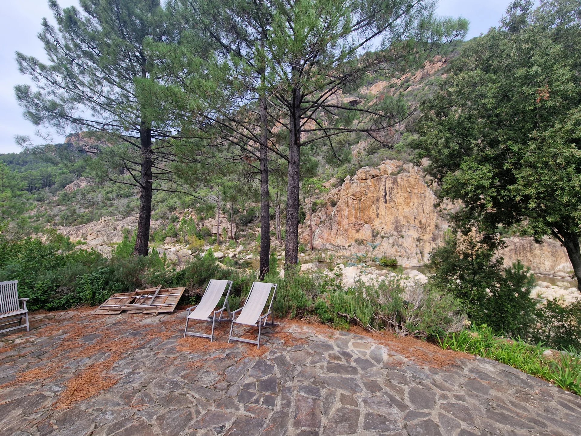 Espace extérieur de la bastide de Bavella Vue d'un espace extérieur avec des chaises longues et une falaise en arrière-plan, entouré de végétation.