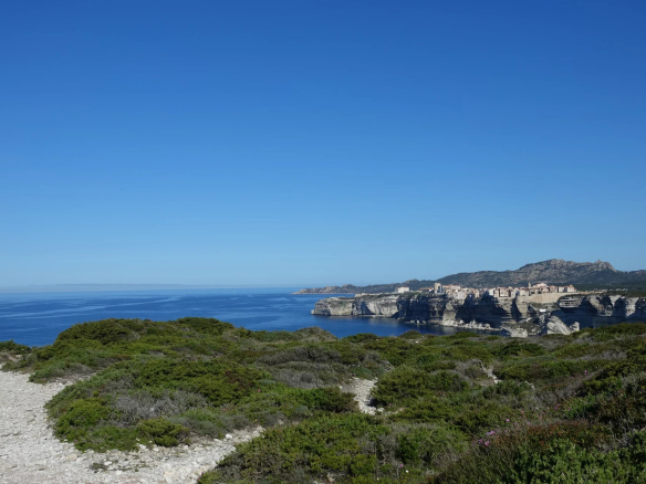 Panoramic view of the sea and cliffs near Bonifacio, clear sky.