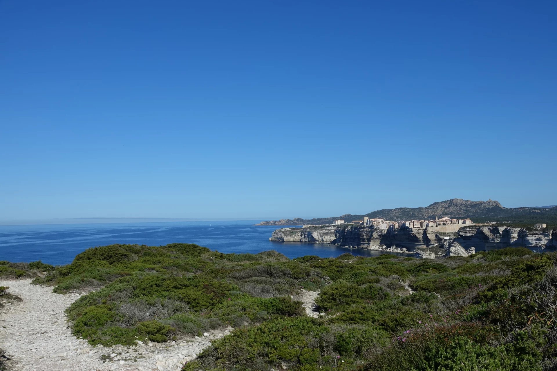 View of Bonifacio and the sea Panoramic view of the sea and cliffs near Bonifacio, clear sky.