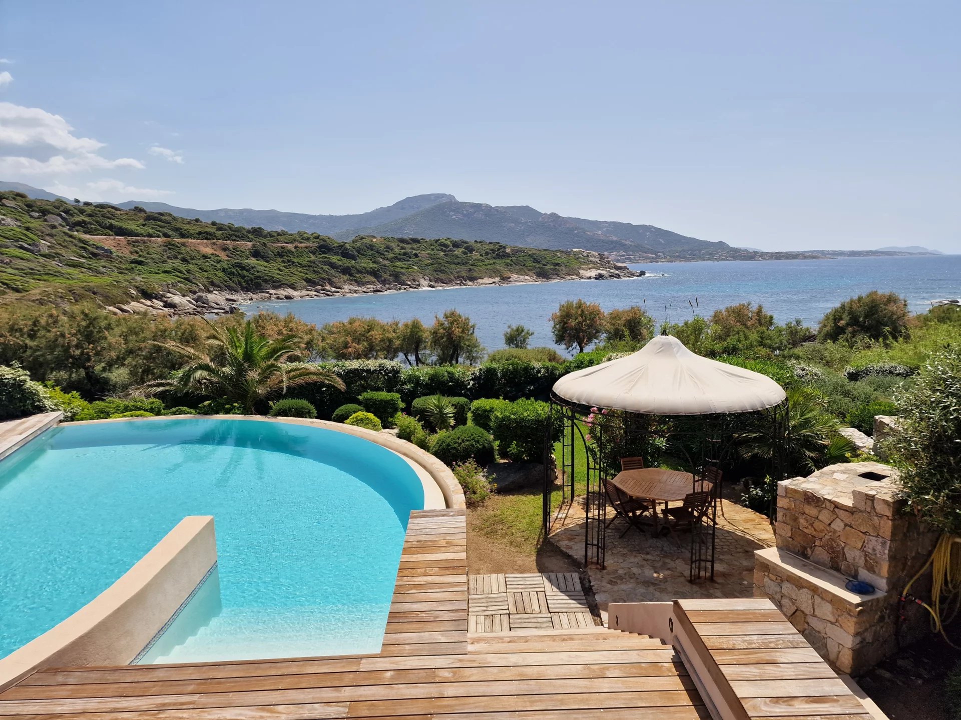 Propriété pieds dans l’eau à Corbara Vue sur la piscine à débordement et la mer depuis une propriété à Corbara.