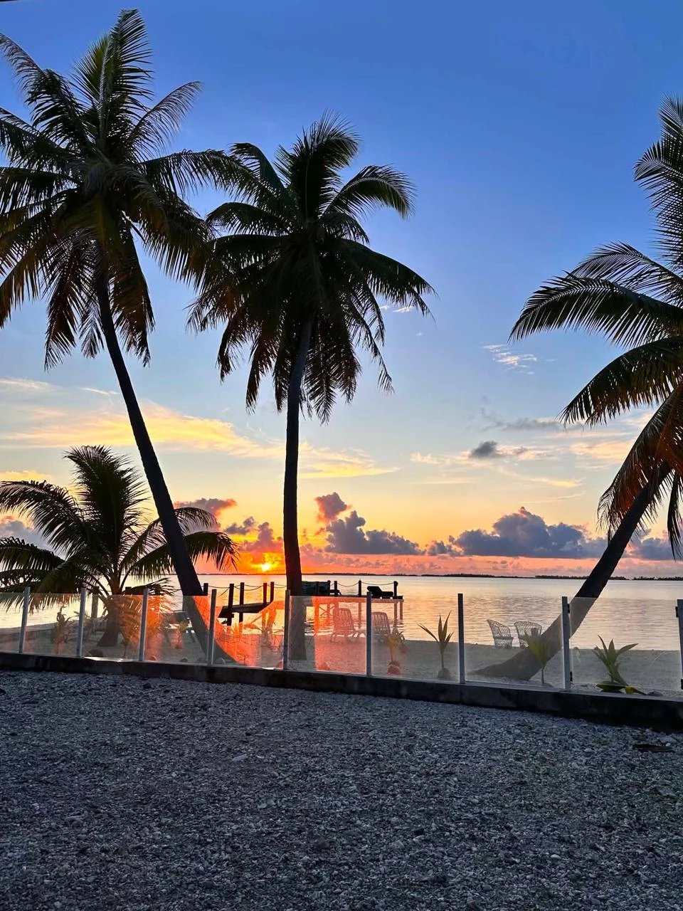 Coucher de soleil sur l'île de Takapoto avec des palmiers et une plage.