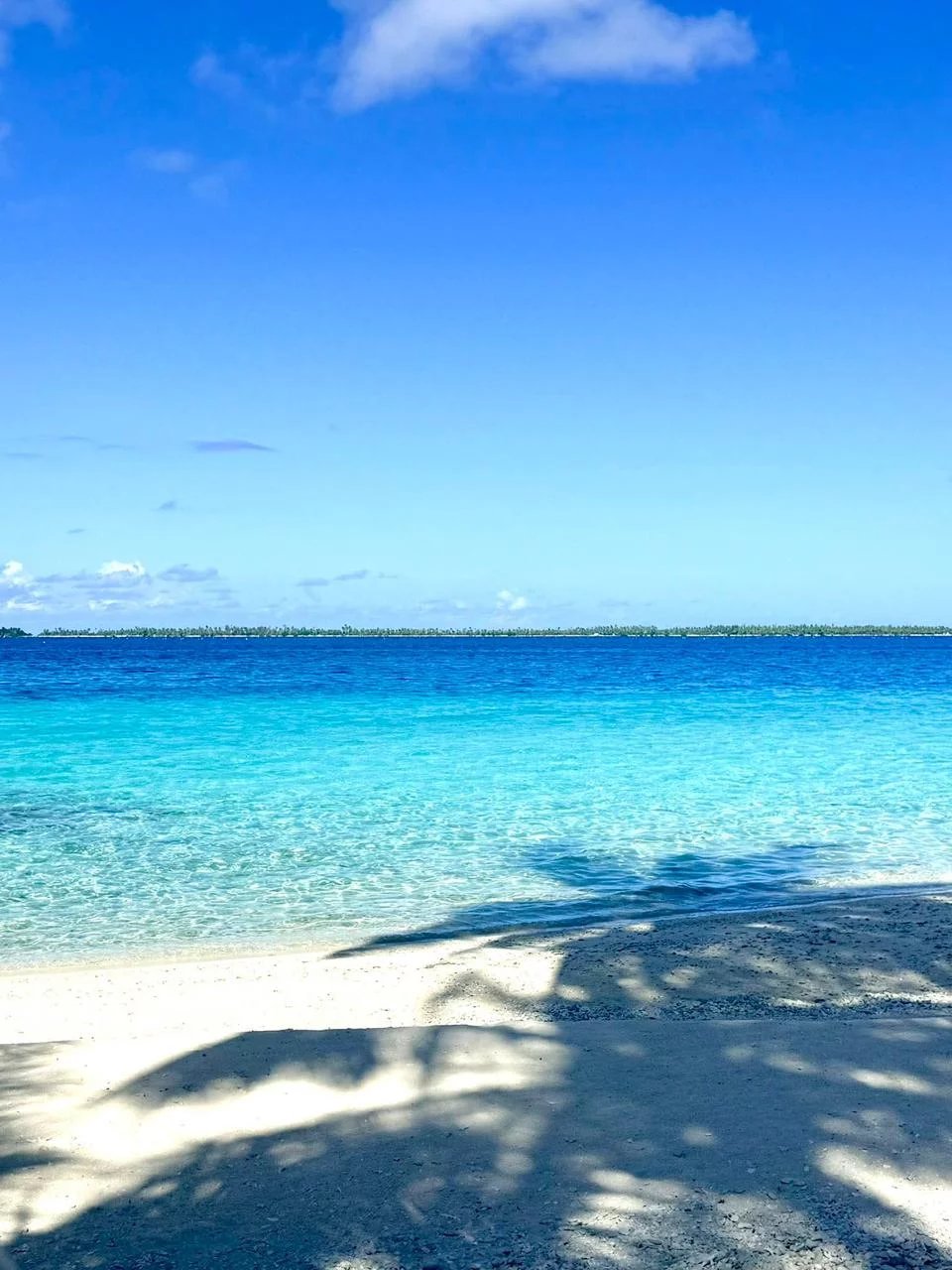 Plage de sable fin avec eau turquoise et ciel dégagé sur l'île de Takapoto.