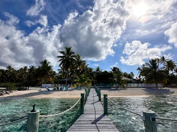 Pont en bois menant à une plage sur l'île de Takapoto, avec des palmiers et une eau turquoise