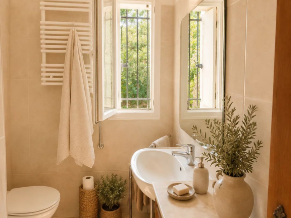 Salle de bain lumineuse avec fenêtre ouverte, lavabo et décoration naturelle.