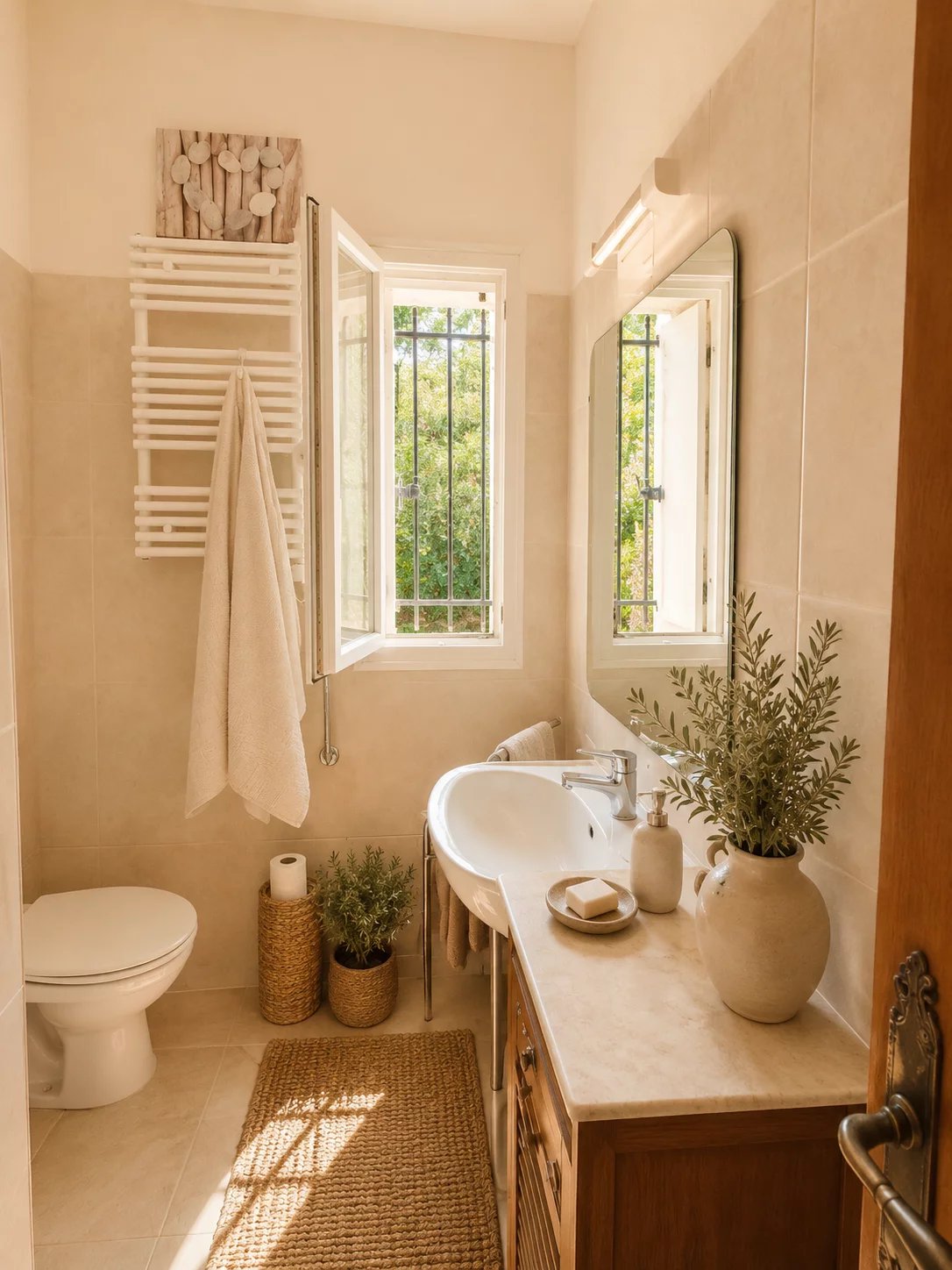 Salle de bain de la demeure à Santa-Lucia-di-Moriani Salle de bain lumineuse avec fenêtre ouverte, lavabo et décoration naturelle.