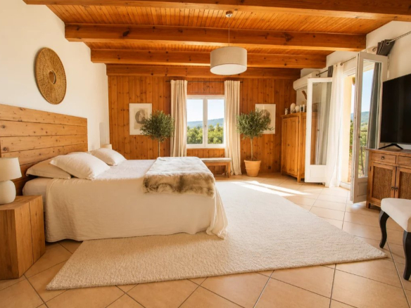 Chambre spacieuse avec murs en bois et vue sur la nature, située dans une demeure à Santa-Lucia-di-Moriani.