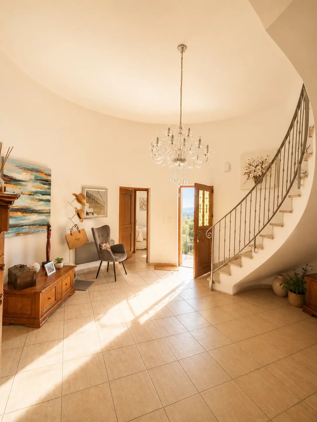 Intérieur d’une demeure de caractère Intérieur d'une demeure avec un escalier en colimaçon et un chandelier, lumière naturelle entrant par les fenêtres.