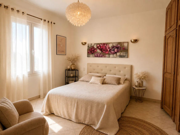Chambre avec lit double, décoration sobre et lumineuse, fenêtres laissant entrer la lumière naturelle.