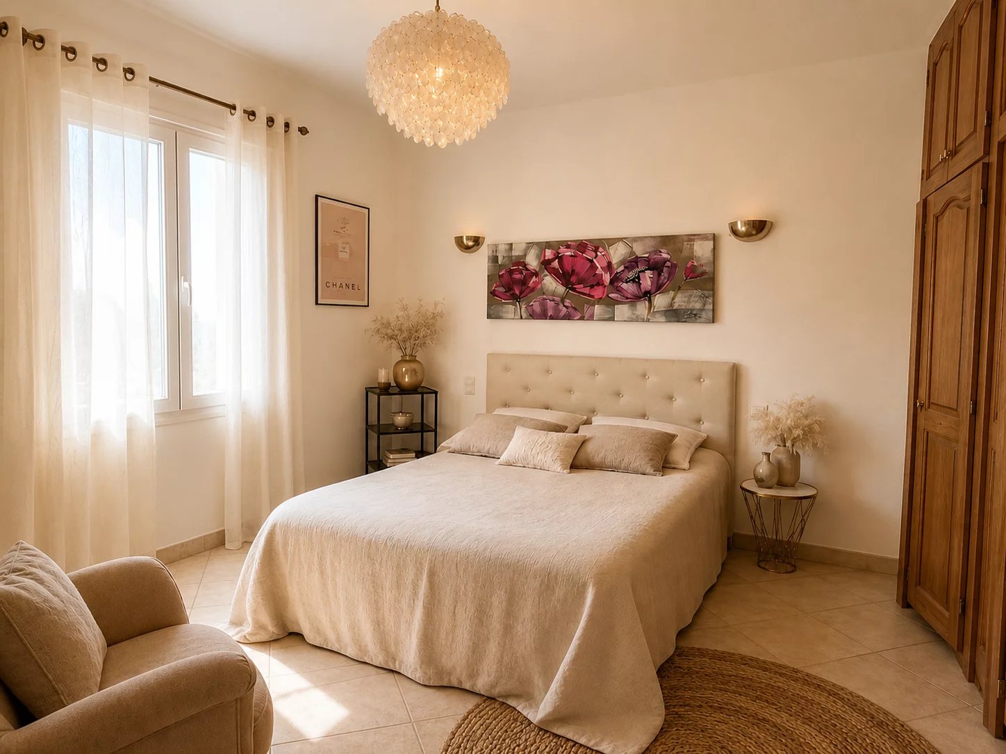 Chambre lumineuse Chambre avec lit double, décoration sobre et lumineuse, fenêtres laissant entrer la lumière naturelle.