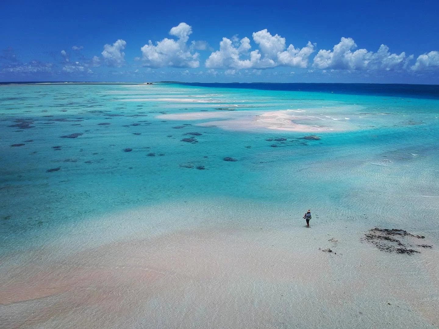 Plage de Tikehau en Polynésie française Vue aérienne d'une plage de sable blanc et d'eau turquoise à Tikehau, Polynésie française.