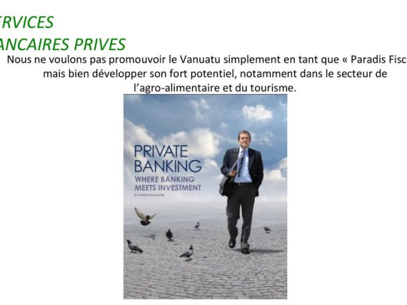 Affiche promotionnelle pour les services bancaires privés au Vanuatu, avec un homme en costume sur fond de paysage.