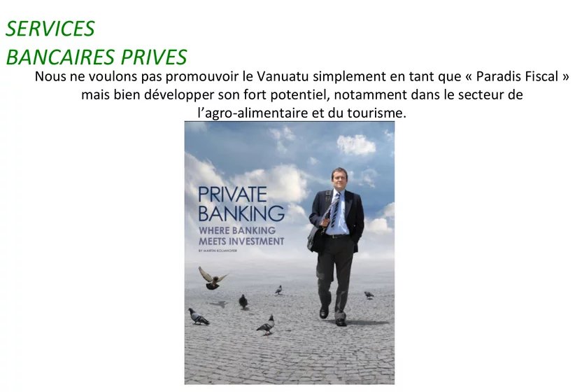 Services Bancaires Privés au Vanuatu Affiche promotionnelle pour les services bancaires privés au Vanuatu, avec un homme en costume sur fond de paysage.