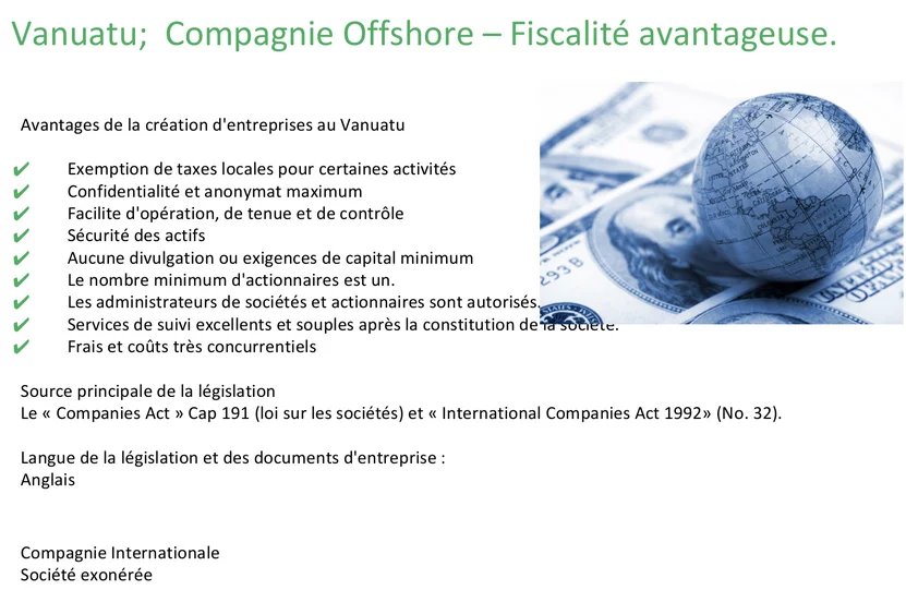 Avantages de la création d’entreprises au Vanuatu Document sur les avantages de créer des entreprises au Vanuatu avec des informations fiscales.