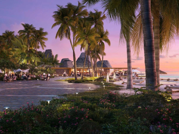 Vue d'un complexe de villas de luxe aux Maldives avec palmiers et coucher de soleil.