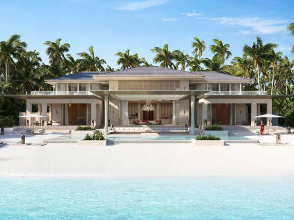Villas de luxe sur la plage avec palmiers aux Maldives